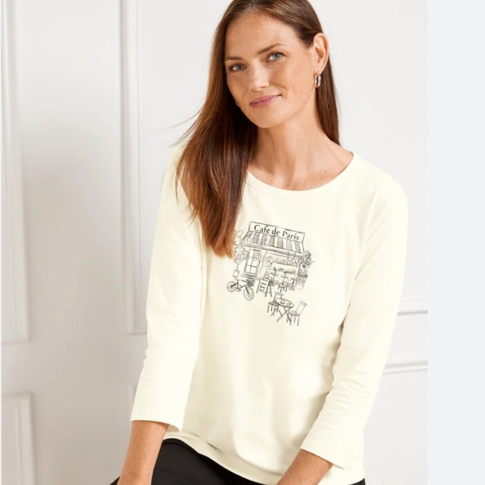 Talbots Cream Cotton 3/4 length Sleeve Tee with Black Paris Cafe Print